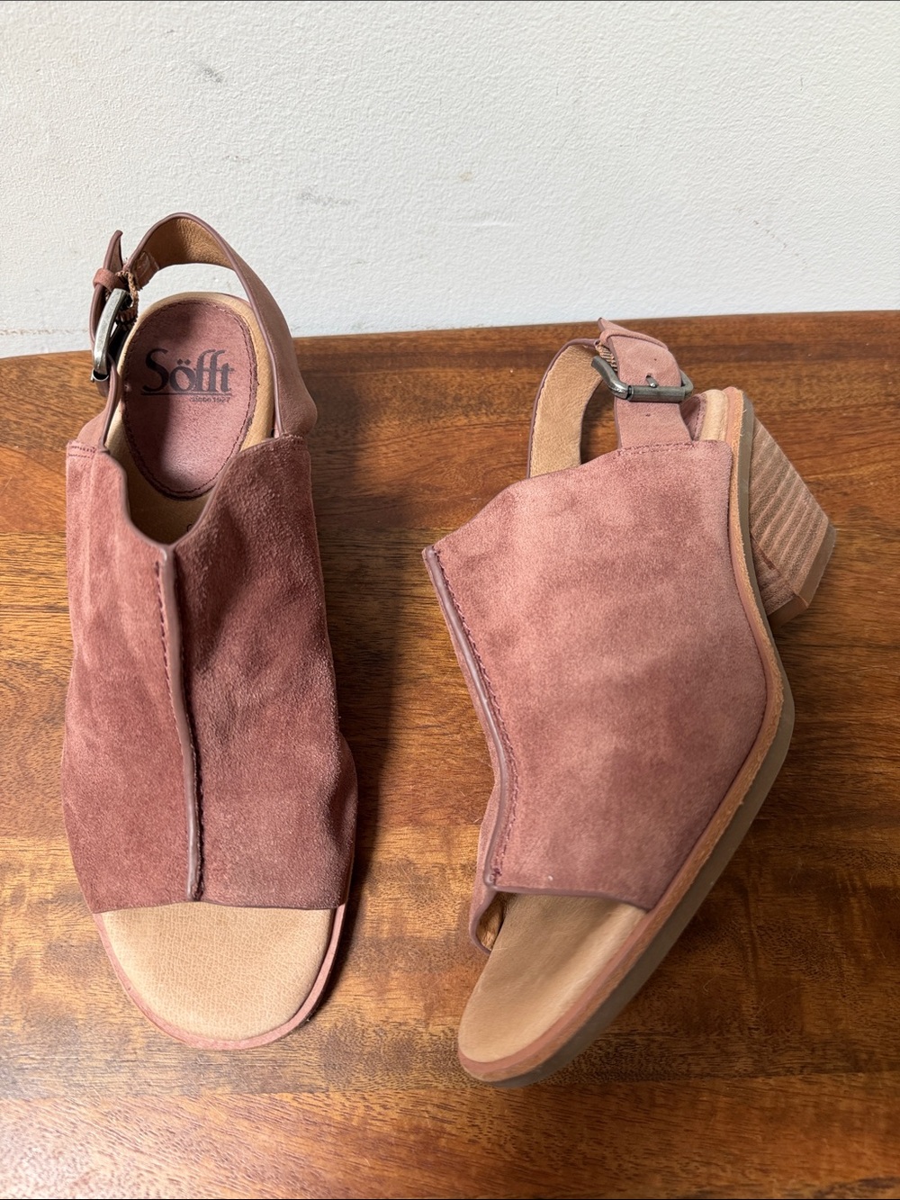 Sofft Blush Pink Suede Open-Toe Slingback Block Heels Size 8